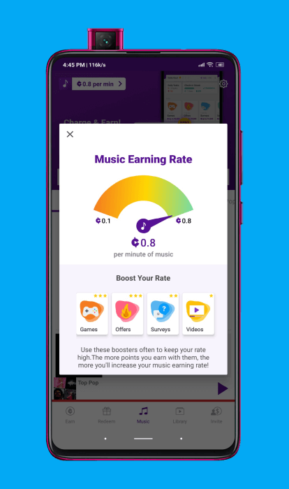 Music Earning Rate de Current cash rewards